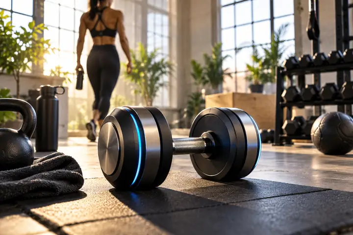 Ein dynamisches redaktionelles Vorschaubild mit Fitnessgeräten in einem hellen Studio.