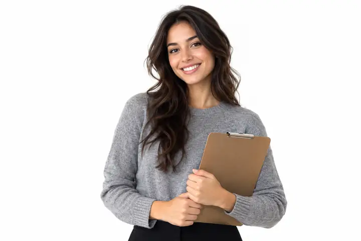 Ein lächelnder Marketingprofi in einem grauen Pullover hält ein Klemmbrett vor einem weißen Studiohintergrund.