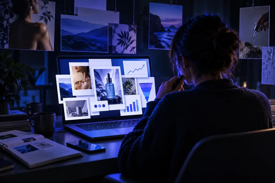 Illustration of a marketer looking through material on a laptop